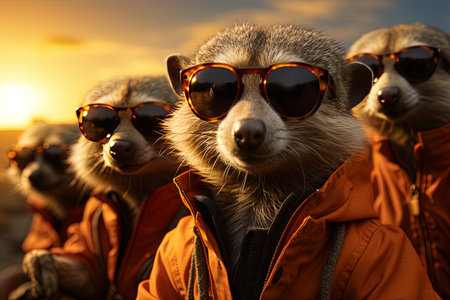 Group of raccoons in sunglasses at sunset. Wildlife concept. AI generativeの素材