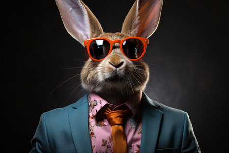 Easter bunny with bow tie and orange sunglasses on black background. AI generativeの素材