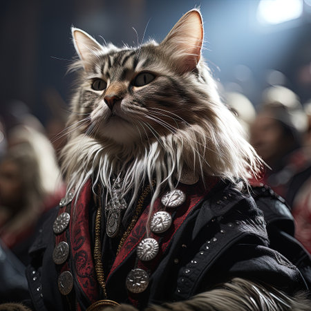 Maine coon cat in a medieval costume at the masquerade. AI generativeの素材