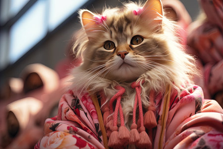 Beautiful Persian cat in a pink coat on the street in winter. AI generativeの素材