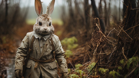Rabbit hunter in the forest. A hare in a hunting suit and rabbit ears. AI generativeの素材