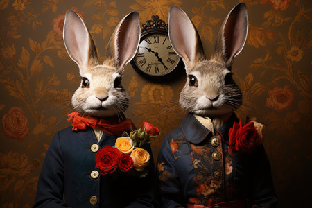 Easter bunny in suit and bow tie with splashes on gradient background. AI generativeの素材