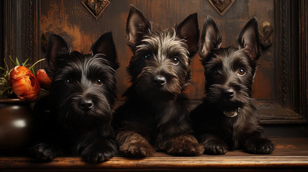 Yorkshire Terrier puppies sitting on a wooden table and looking at the camera AI generativeの素材