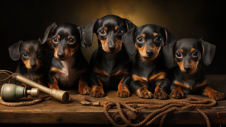Group of miniature dachshund puppies in studio on black background. AI generativeの素材