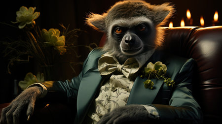 Portrait of a lemur with a glass of orange juice. AI generativeの素材