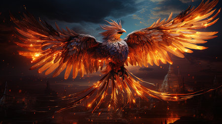An eagle flying in a fire effect with a dark background. Concept art background. AI generativeの素材