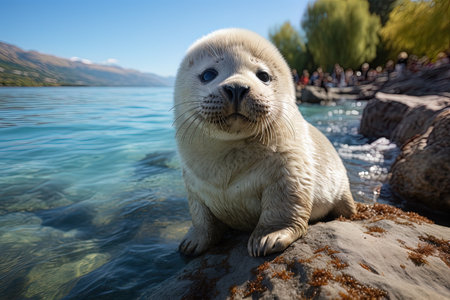 Cute baby seal on the rocks by the sea. Animal portrait. AI generativeの素材