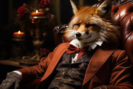 Portrait of a fox in a suit with a glass of champagne Thug red fox AI generativeの素材