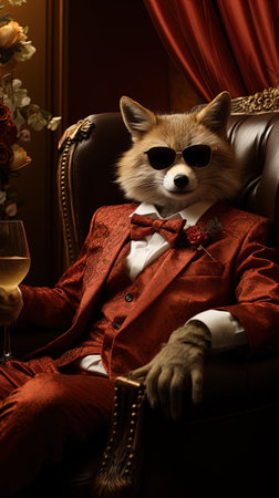 Portrait of a fox in a suit with a glass of champagne. Thug red fox. AI generativeの素材