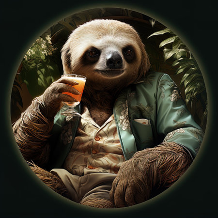 Portrait of a sloth in a green jacket and sunglasses with juice in hand. AI generativeの素材
