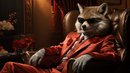 Portrait of a fox in a suit with a glass of champagne Thug red fox AI generativeの素材