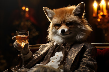 Portrait of a fox in a suit with a glass of champagne Thug red fox AI generativeの素材