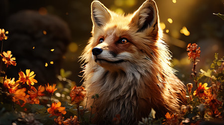 Portrait of a red fox on a background of autumn leaves AI Generativeの素材