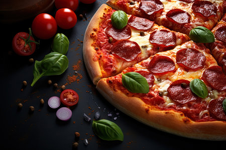 Pizza with salami, tomatoes and basil on a black background. AI Generativeの素材