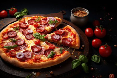 Pizza with salami, tomatoes and basil on a dark background. AI Generativeの素材