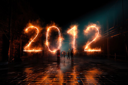 New year 2019 with firework and silhouettes of people on the street. AI Generativeの素材