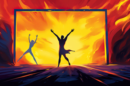 Silhouette of dancing girl on fire background. AI Generative Imageの素材