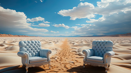 Two armchairs in the middle of the desert. AI Generative Imageの素材