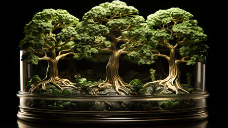 Bonsai tree in glass pot on black background. AI Generative Imageの素材