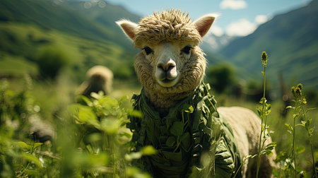 Alpaca in the meadow. Animal in the mountains. AI Generative Imageの素材