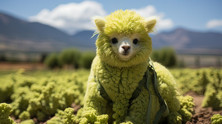 Llama in a field of savoy cabbage with mountains in the background. AI Generative Imageの素材