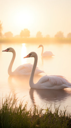 Swan on the lake at sunrise, soft focus and vintage tone. AI Generative Imageの素材