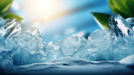 Ice cubes and green leaves on blue background. AI Generative Imageの素材