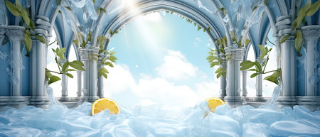 3D illustration of an archway with columns, leaves and lemon. AI Generative Imageの素材