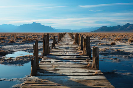 Door in the desert at sunset. Fantasy alien planet. Mountain and lake. AI Generative Imageの素材