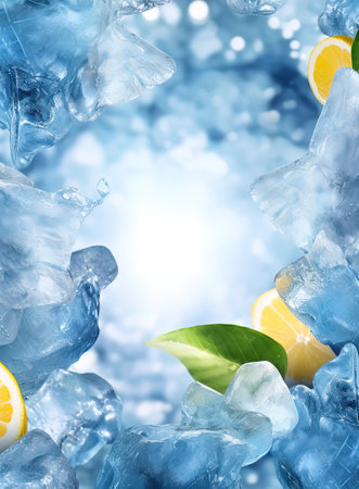 Ice cubes with lemon slices and leaves on blue bokeh background. AI Generative Imageの素材