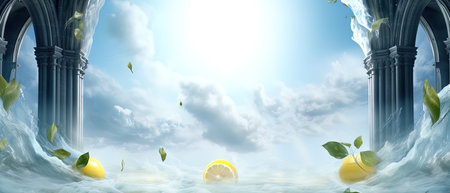 Lemon and leaves floating in the sky. AI Generative Imageの素材