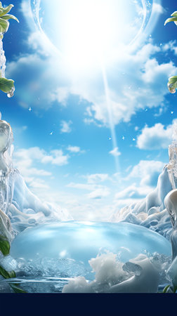 Summer background with ice cubes, lemon slices and green leaves. Copy space. AI Generative Imageの素材