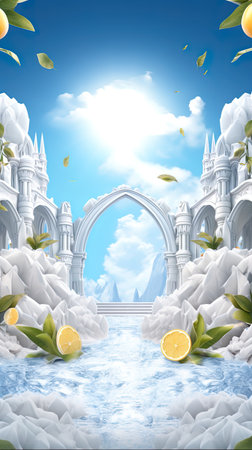 Summer background with ice cubes, lemon slices and green leaves. Copy space. AI Generative Imageの素材