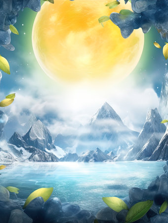 Summer background with ice cubes, lemon slices and green leaves. Copy space. AI Generative Imageの素材
