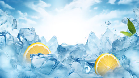 Summer background with ice cubes, lemon slices and green leaves. Copy space. AI Generative Imageの素材