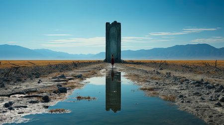Mongolian man standing in the middle of a puddle of water. AI Generative Imageの素材