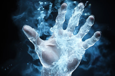 Conceptual image of human hand made of ice against dark background. AI Generative Imageの素材