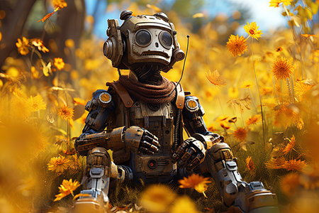 Cyborg in the autumn forest. robot in the field of flowers. 3d illustration.の素材