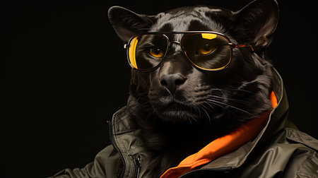 Portrait of a black panther in sunglasses. Studio shot.の素材