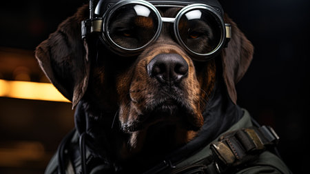 Portrait of a dog wearing aviator's helmet and goggles.の素材