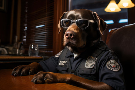 Rottweiler dog in a uniform and glasses on a dark background. AI Generativeの素材