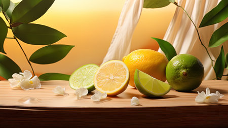 Lime, lime, lemon and jasmine on wooden tableの素材