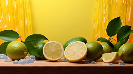Limes and lemons on a wooden table on a yellow backgroundの素材