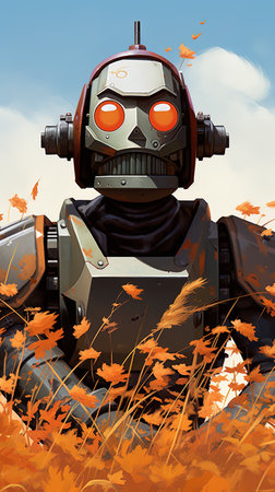cartoon robot in the field with autumn leaves - illustration for childrenの素材