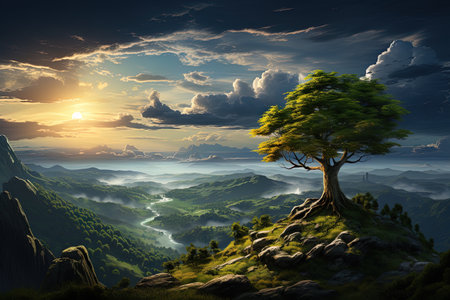 Fantasy landscape with tree on the hill. 3D illustration.の素材