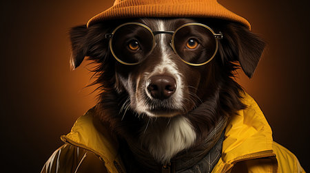 Portrait of a cute dog wearing a hat and sunglasses. Studio shot.の素材