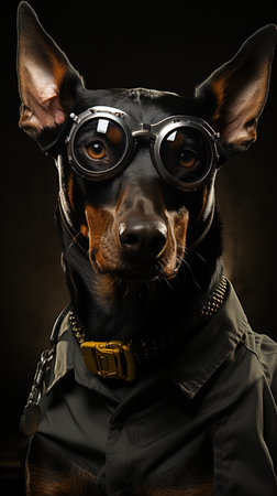 Portrait of a black doberman dog wearing aviator glasses on black backgroundの素材