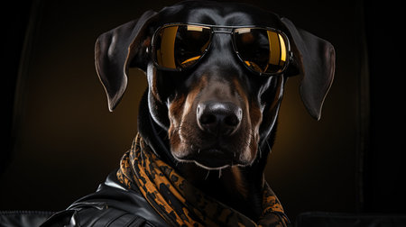Portrait of a beautiful black doberman dog wearing sunglasses on a black backgroundの素材