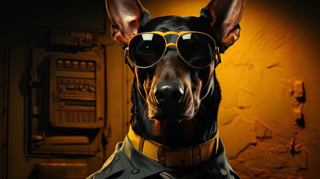 Portrait of a black doberman dog with sunglasses. Studio shot.の素材