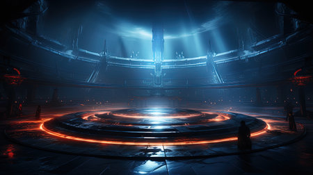 Futuristic spaceship in deep space. Futuristic spaceship interior. 3D renderingの素材